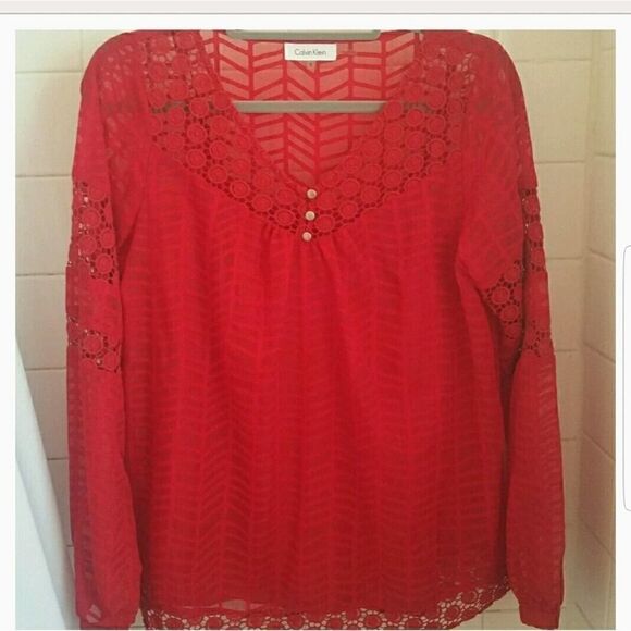 Calvin Klein Long Sleeve Lace Blouse Red Small - Picture 1 of 6